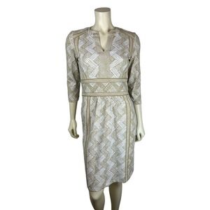 NEW J. Mclaughlin Lola Catalina Cloth Dress S Chevron Print 3/4 Sleeve Tan White